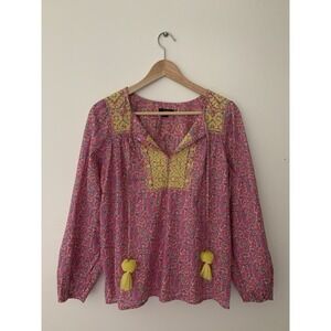 J Crew Starina Embroidered Tassel Top Cotton Sz XXS Pink Floral Indian Print